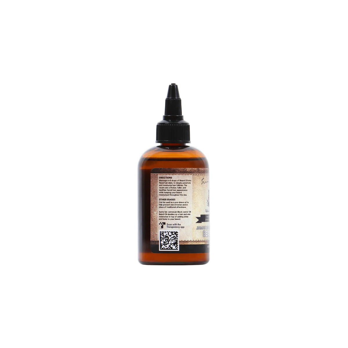 Sunny Isle Jamaican Black Castor Beard Oil (4 oz). Bagsiden af flasken viser brugsanvisning, andre anvendelsesmuligheder og en QR-kode.