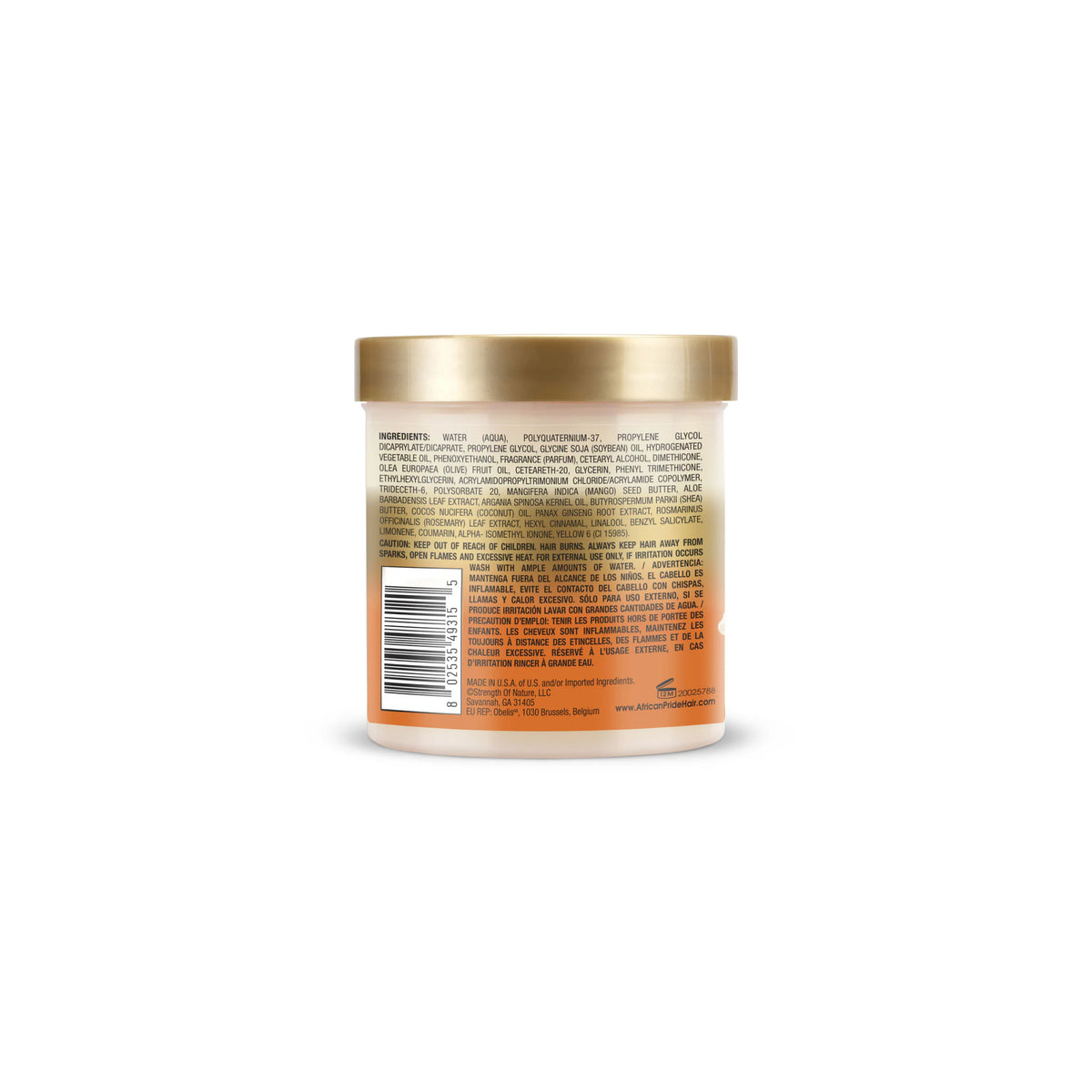 African Pride Shea Leave In Conditioner 425gr med gylden låg og ingrediensliste vises på bagsiden.