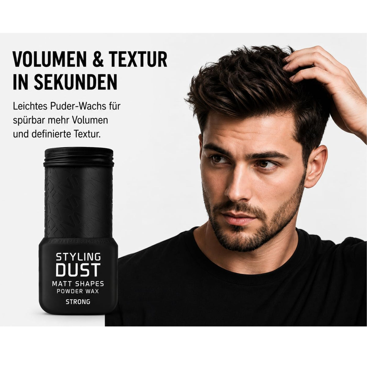 Mand med krøllet mørkt hår og skæg former frisuren med hånden ved siden af sort Styling Dust Powder Wax Strong.