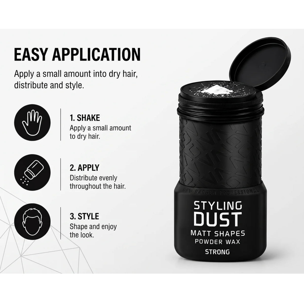 Styling Dust Powder Wax i sort krukke med åbent låg, viser 3 trin til nem applikation: shake, apply, style.