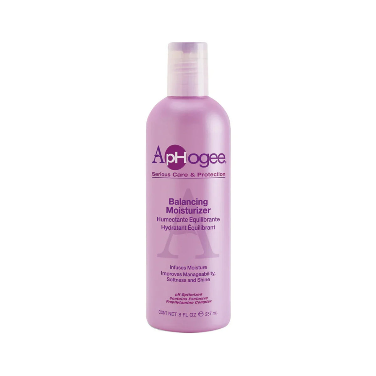 ApHogee Balancing Moisturizer, lyslilla flaske med pumpelåg, 237 ml, på hvid baggrund.