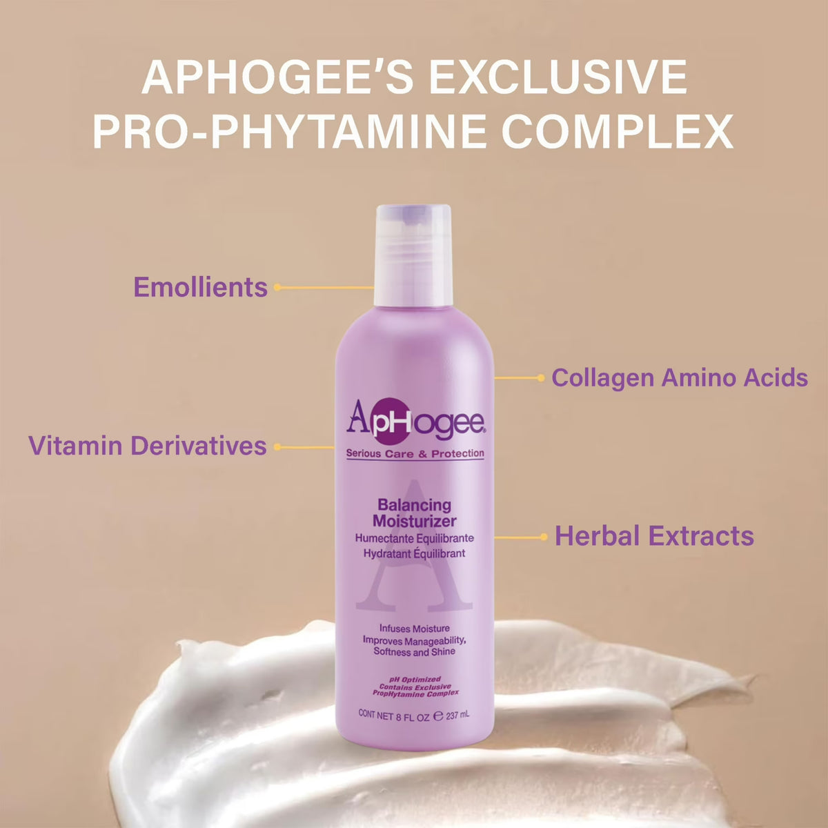 ApHogee Balancing Moisturizer flaske i lilla med Pro-Phytamine Complex, emollienter og collagen-aminosyrer.