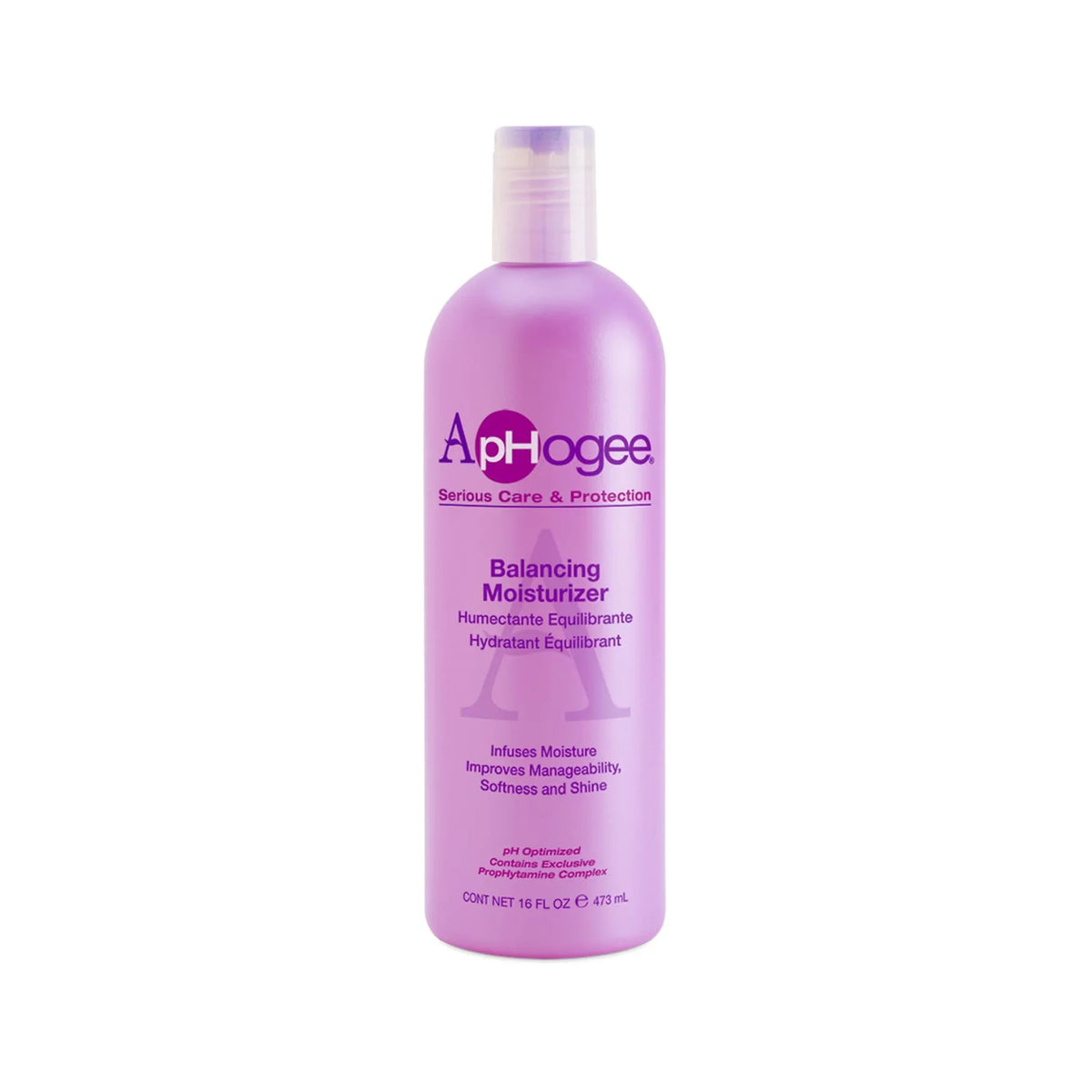 ApHogee Balancing Moisturizer, lyserød flaske på 473 ml med lilla tekst og hvidt låg.