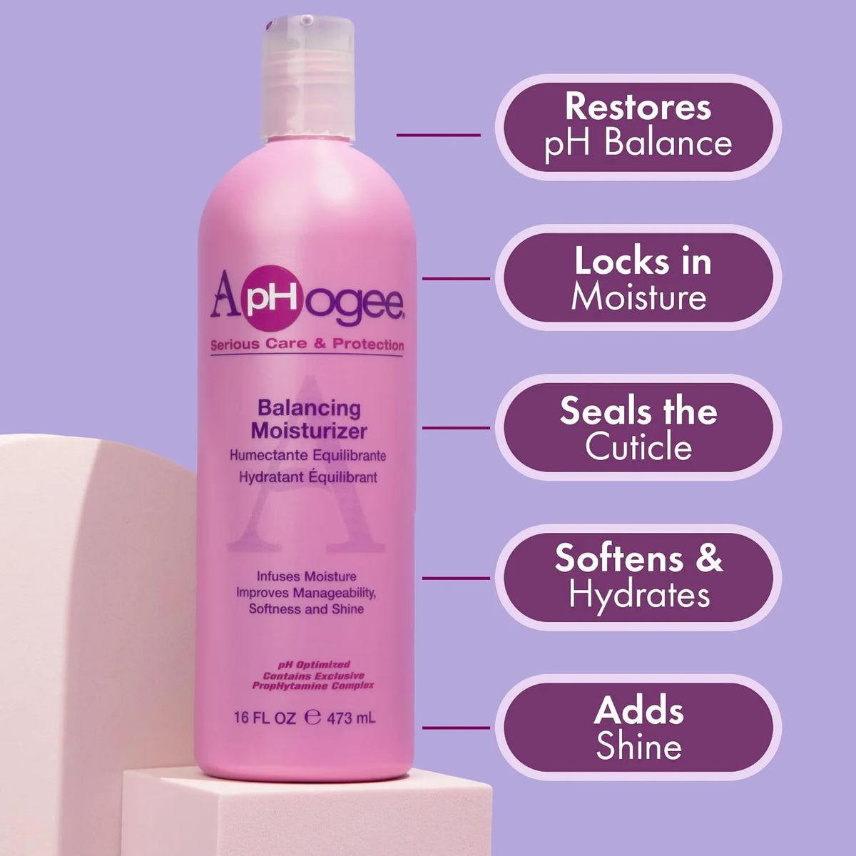ApHogee Balancing Moisturizer, lyserød flaske 473 ml, der genopretter pH-balance, låser fugt og tilføjer glans.