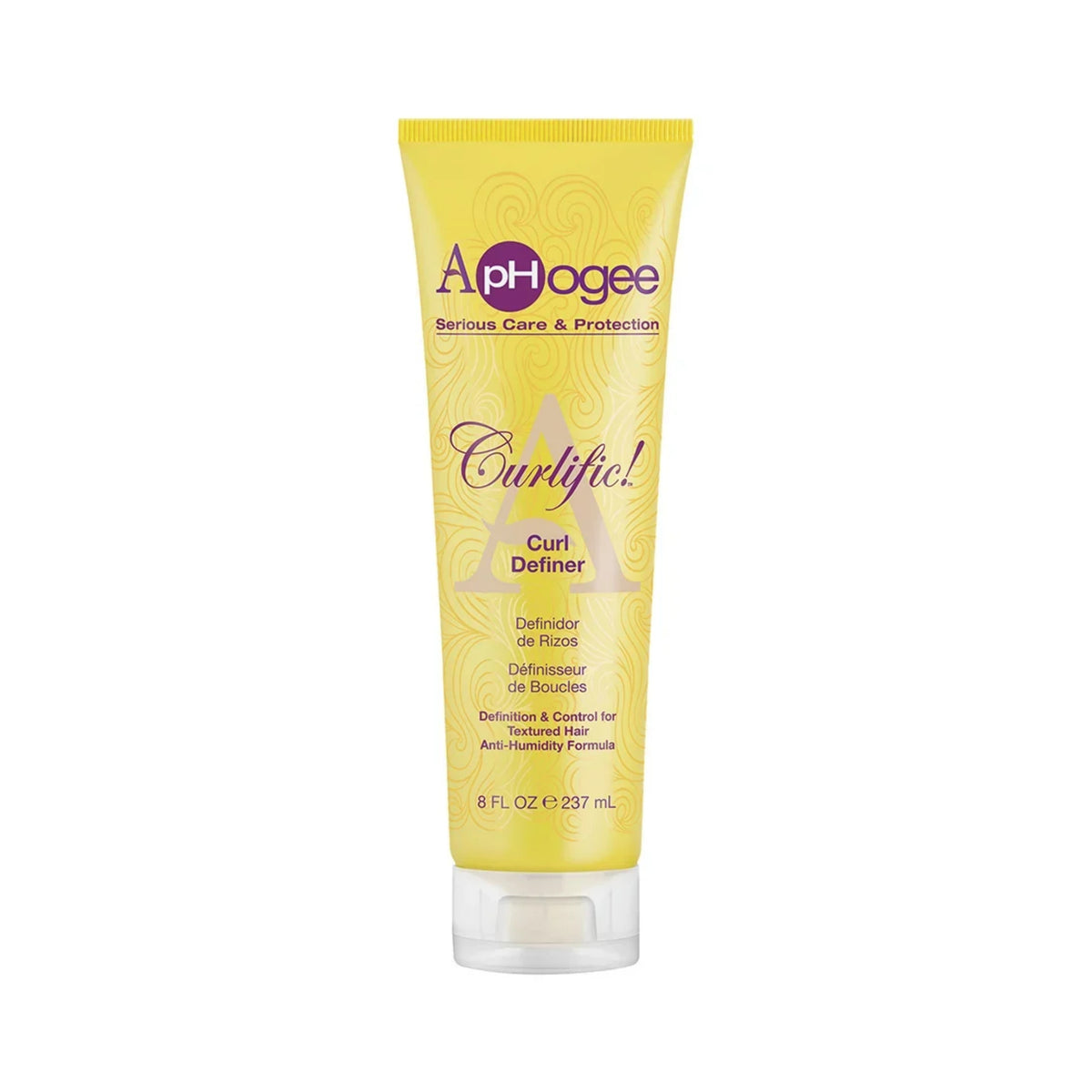 ApHogee Curlific! Curl Definer, gul tube på 237 ml med lilla tekst og gennemsigtigt låg.