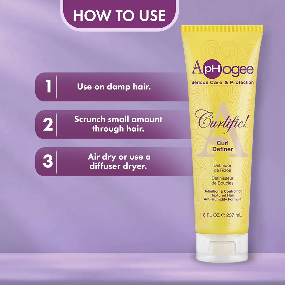 ApHogee Curlific Curl Definer i gul tube med tre trin: fugtigt hår, ingnub gennem hår og lufttørring på lilla baggrund.