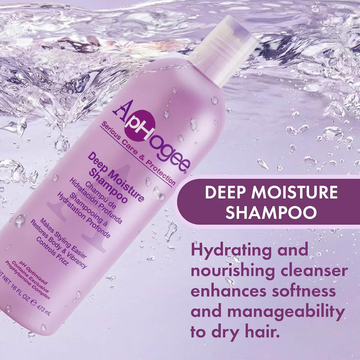 ApHogee Deep Moisture Shampoo-flaske i lilla, omgivet af vandsprøjt, til hydrering af tørt hår.