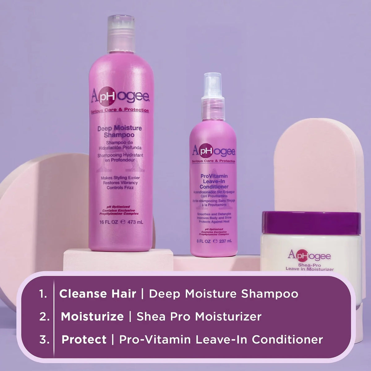 ApHogee hårplejeserie med Deep Moisture Shampoo, ProVitamin Leave-In Conditioner og Shea-Pro Moisturizer på lyslilla baggrund.