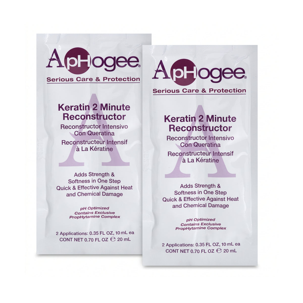 To hvide ApHogee Keratin 2 Minute Reconstructor sachets med lilla tekst, hver 20 mL med 2 anvendelser.