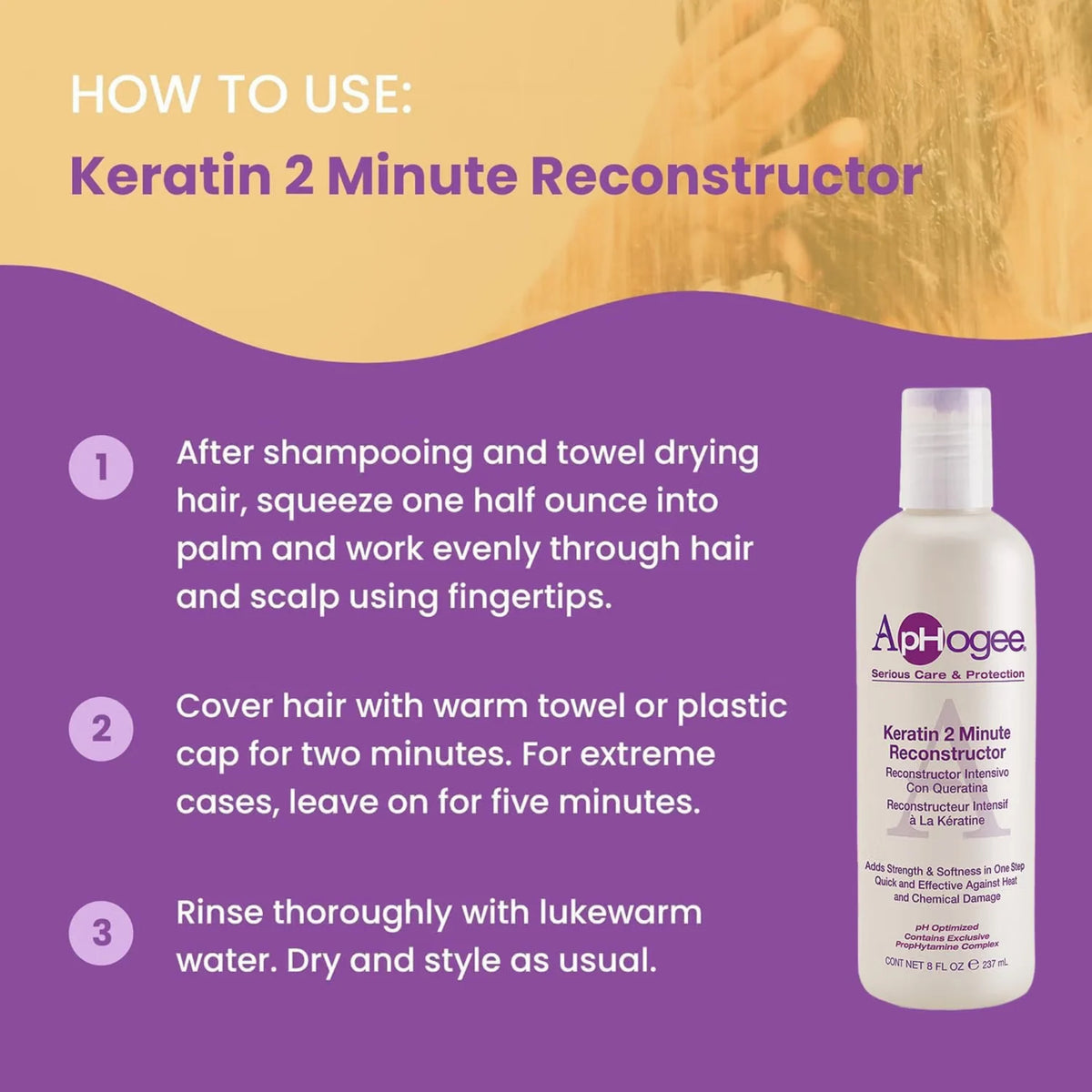 ApHogee Keratin 2 Minute Reconstructor brugsanvisning i tre trin med hvid flaske på lilla baggrund.