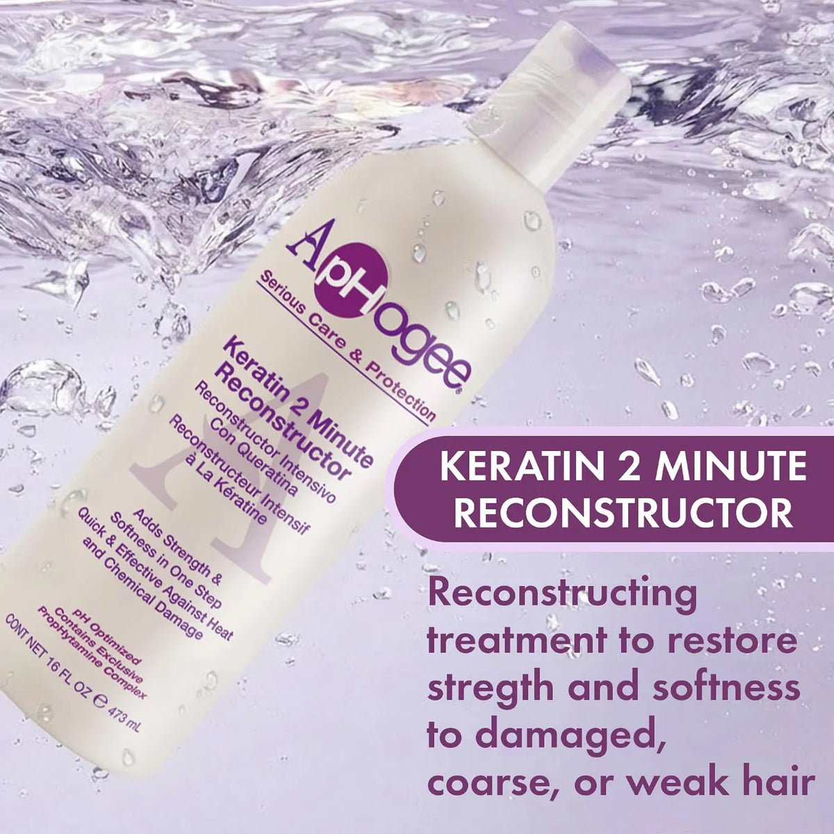 ApHogee Keratin 2 Minute Reconstructor flaske i vand, styrkende hårbehandling mod skadet og svagt hår.