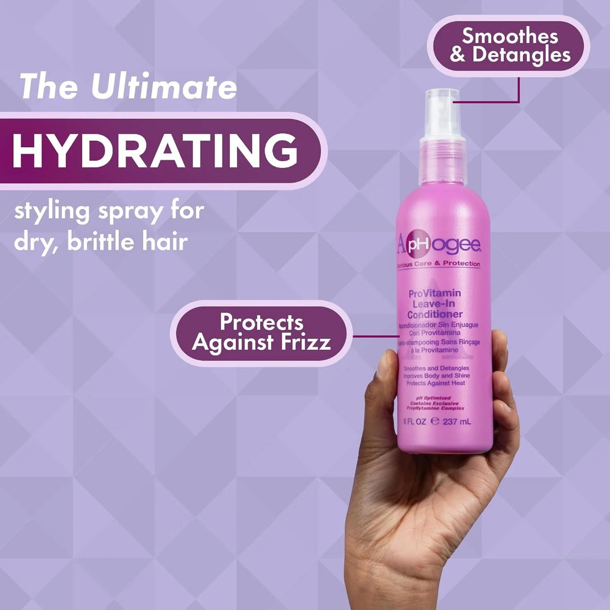 ApHogee ProVitamin Leave-In Conditioner hydrating stylingspray i lilla flaske holdt i hånd, mod hårfrizz.