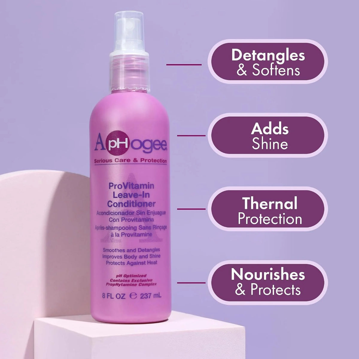 ApHogee ProVitamin Leave-In Conditioner sprayflaske i pink, 237 ml, med ikoner for detangling, glans og varmebeskyttelse.