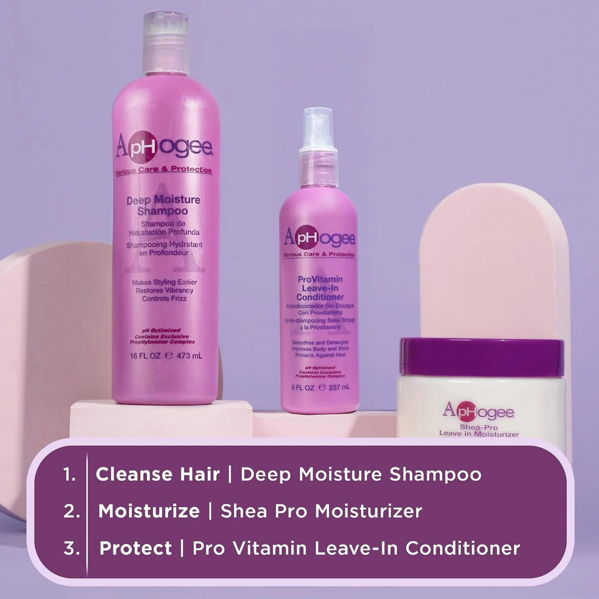 ApHogee Deep Moisture Shampoo, ProVitamin Leave-In Conditioner og Shea-Pro Moisturizer i lilla flasker på lyslilla baggrund.