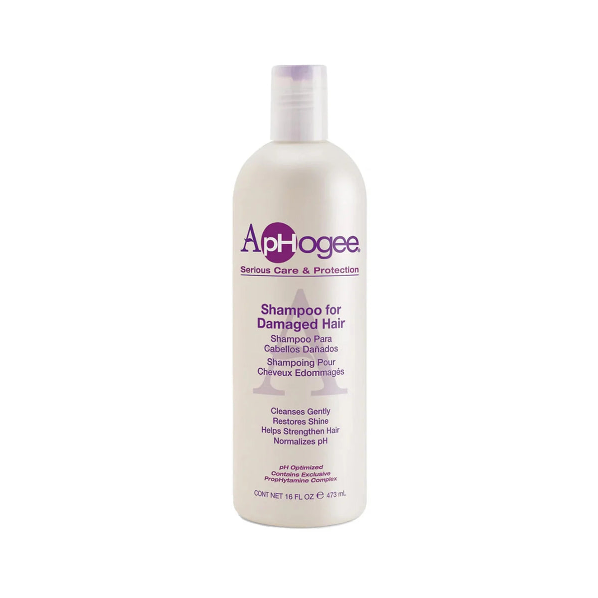 ApHogee Shampoo for Damaged Hair, hvid flaske med lilla tekst, 473 ml, mod hvid baggrund.