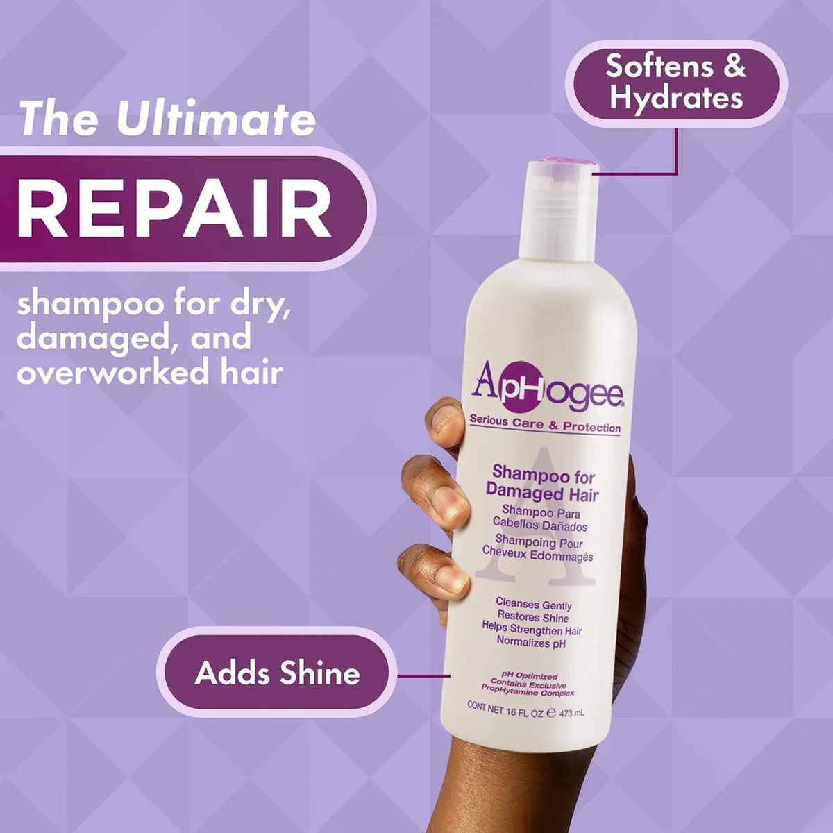 ApHogee Shampoo for Damaged Hair-flaske holdt i hånd, med tekst om ultimativ reparation, blødgøring og skinnende hår.