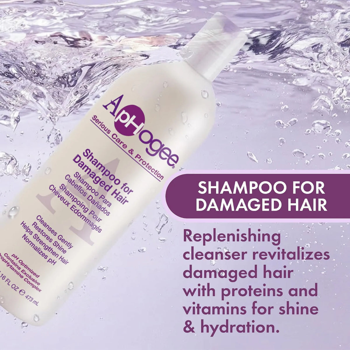 ApHogee Shampoo for Damaged Hair-flaske i hvid emballage med lilla tekst, omgivet af vandstænk og bobler.