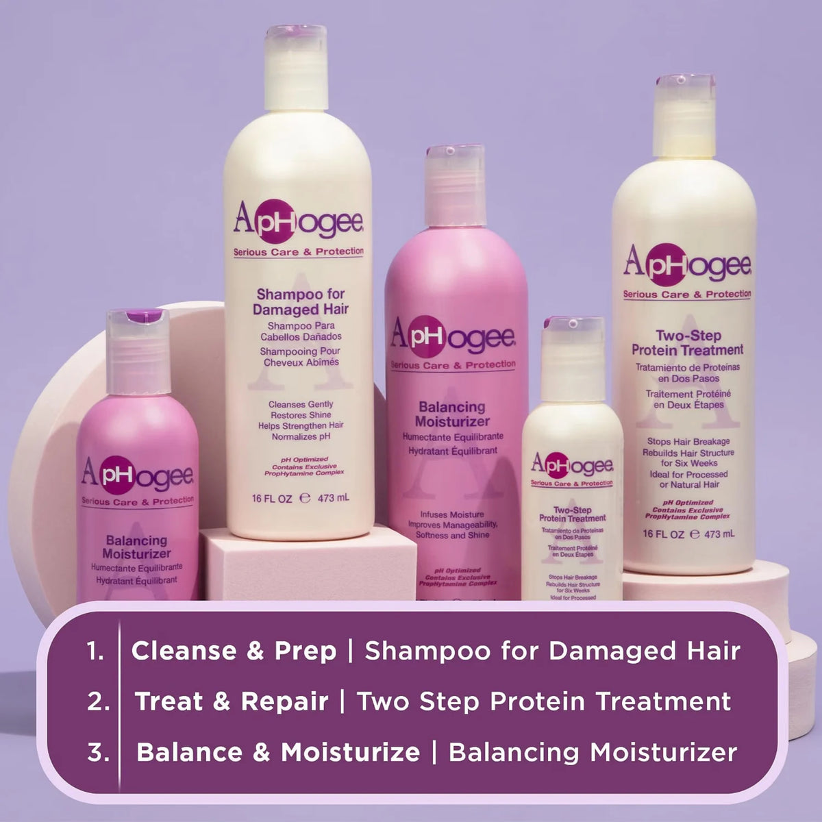 ApHogee hårplejeserie med shampoo, protein-behandling og balancerende fugtighedscreme i lilla og pink flasker mod lavendel baggrund.