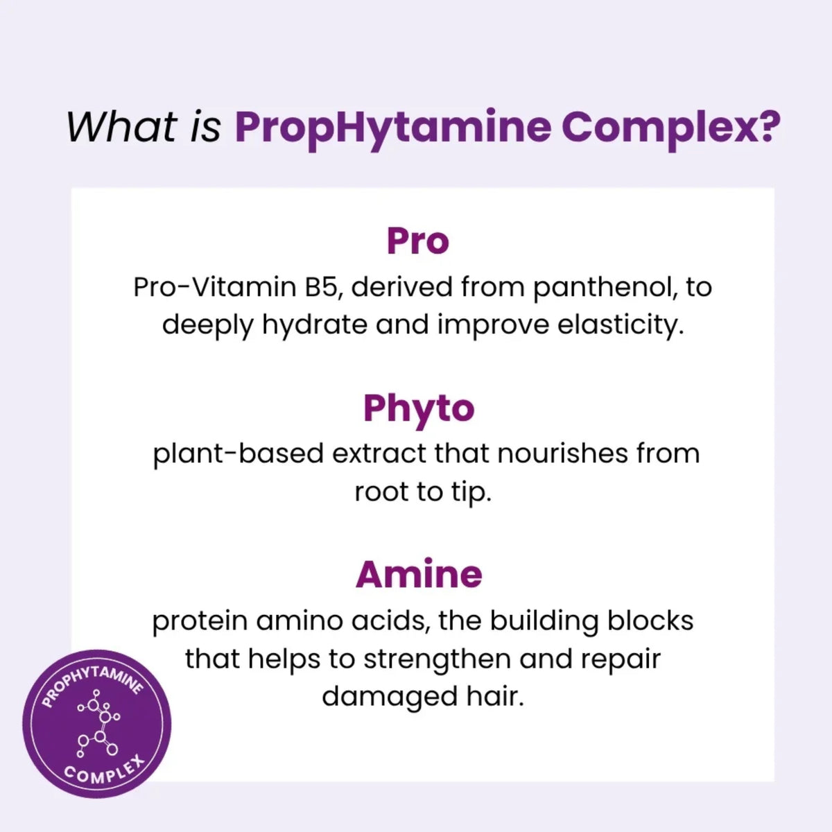 PropHytamine Complex infografik: Pro-Vitamin B5, plantebaseret Phyto-ekstrakt og Amine-aminosyrer til dyb hydrering og reparation af skadet hår.