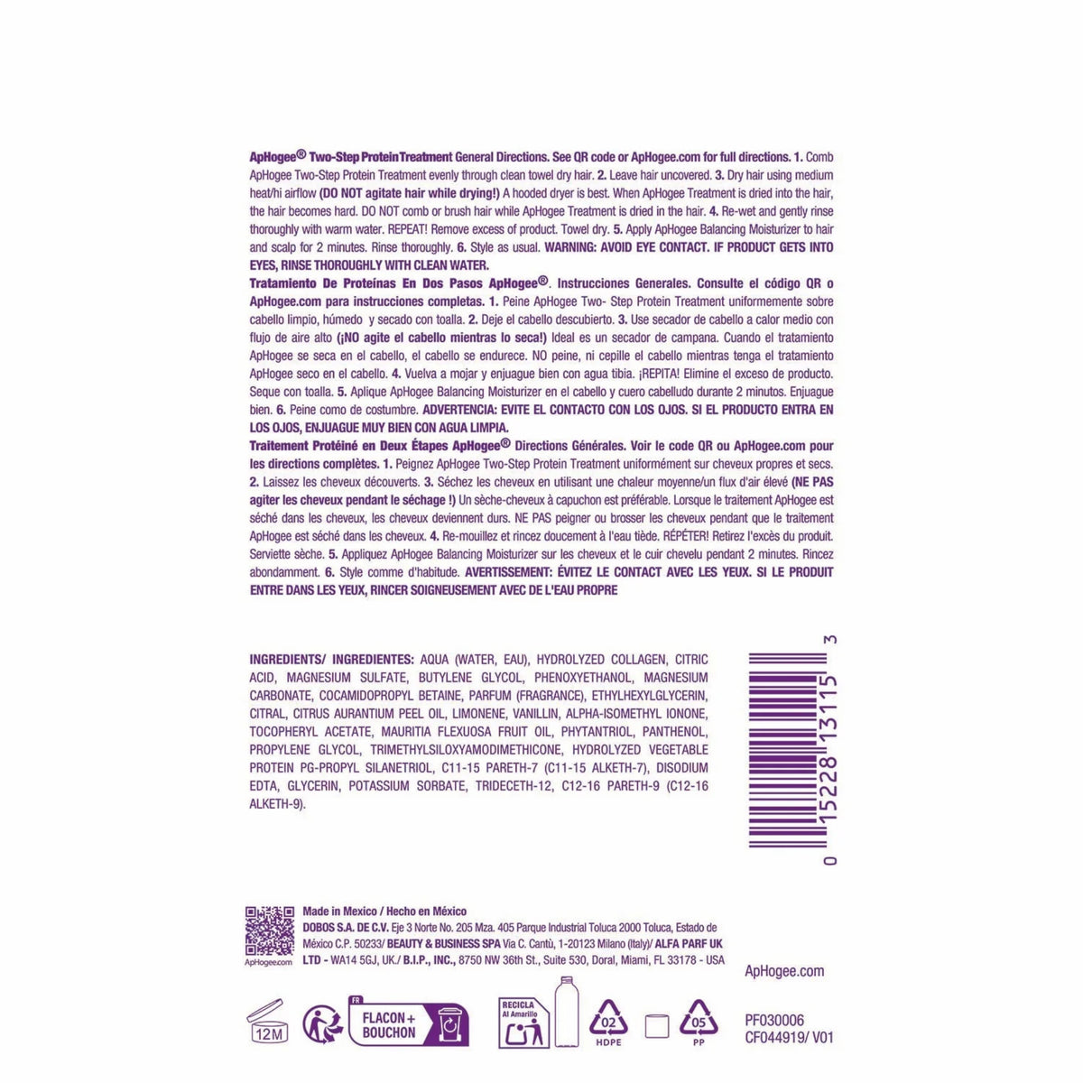 ApHogee Two-Step Protein Treatment brugsanvisning og ingrediensliste på engelsk, spansk og fransk med stregkode.