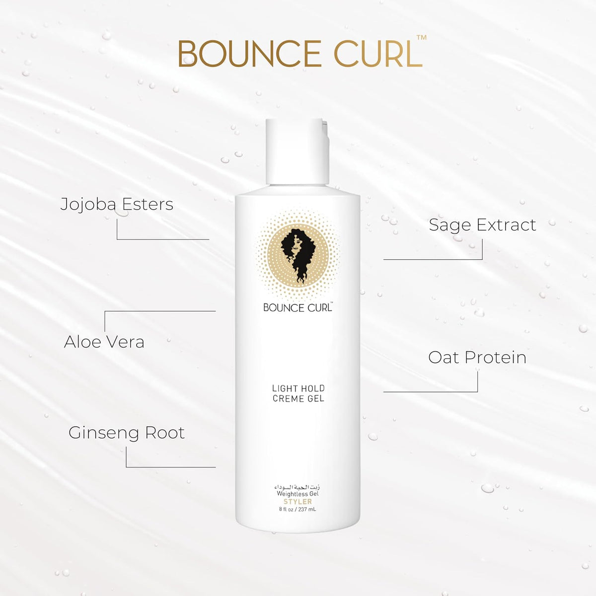 Bounce Curl Light Crème Gel med ingredienser som aloe vera, jojoba, ginsengrod, havreprotein og salvieekstrakt.