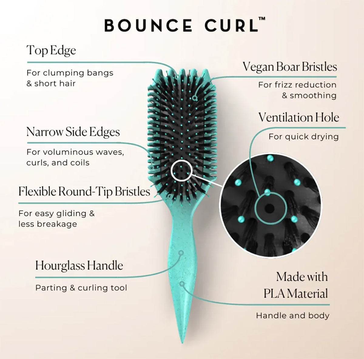 Tealfarvet Bounce Curl Volume EdgeLift Brush med timeglasformet håndtag, fleksible børstepigge og veganske børstehår.