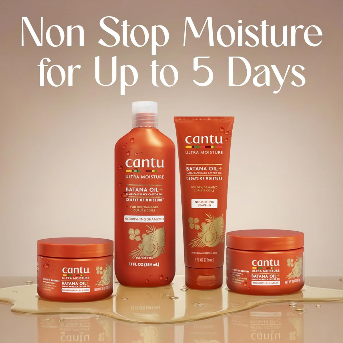 Cantu Ultra Moisture-serie med Batana Oil: shampoo, leave-in, curl cream og mask i orange emballage.