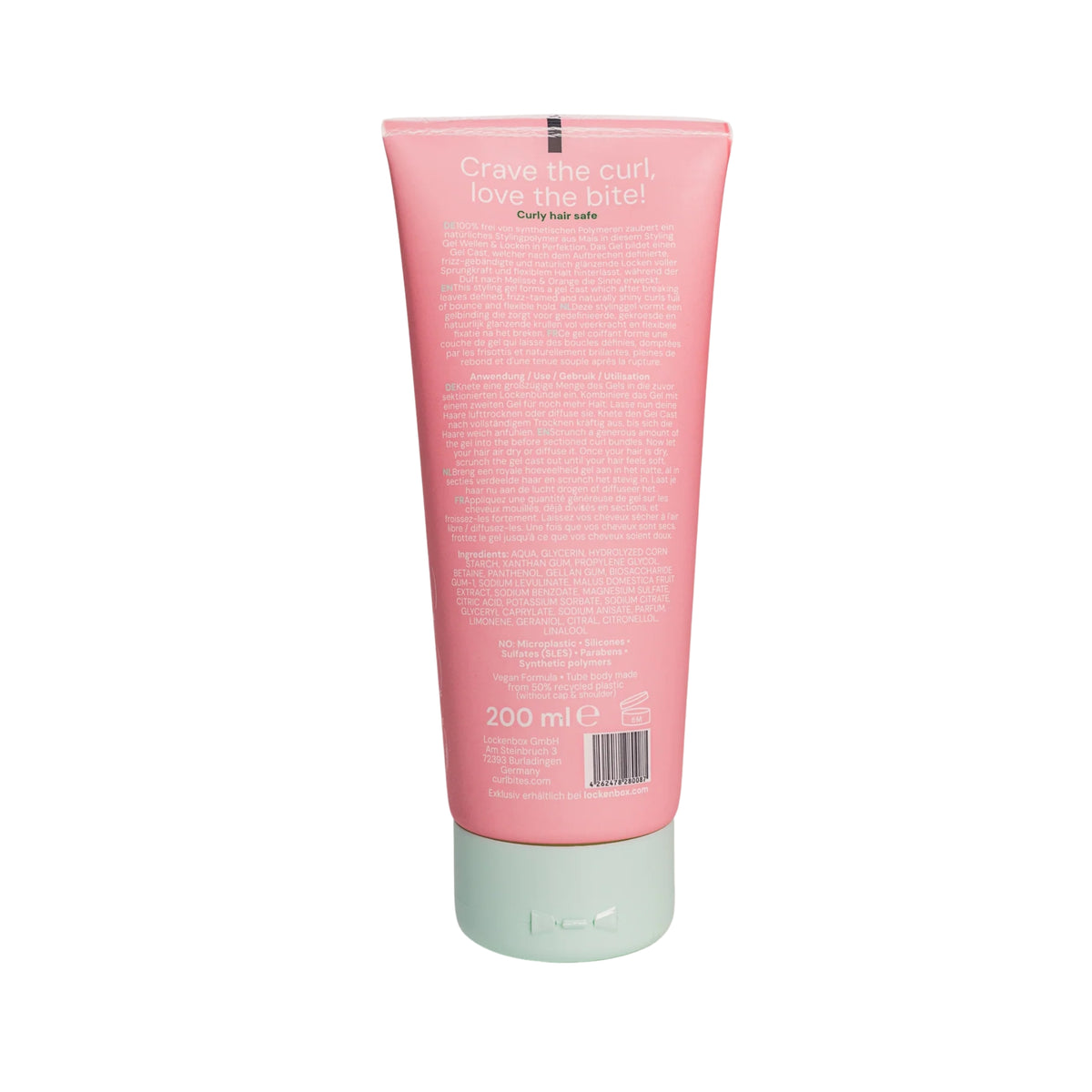 Bagside af lyserød Curl Bites styling gel tube, 200 ml, med grøn låg og ingrediensliste synlig.