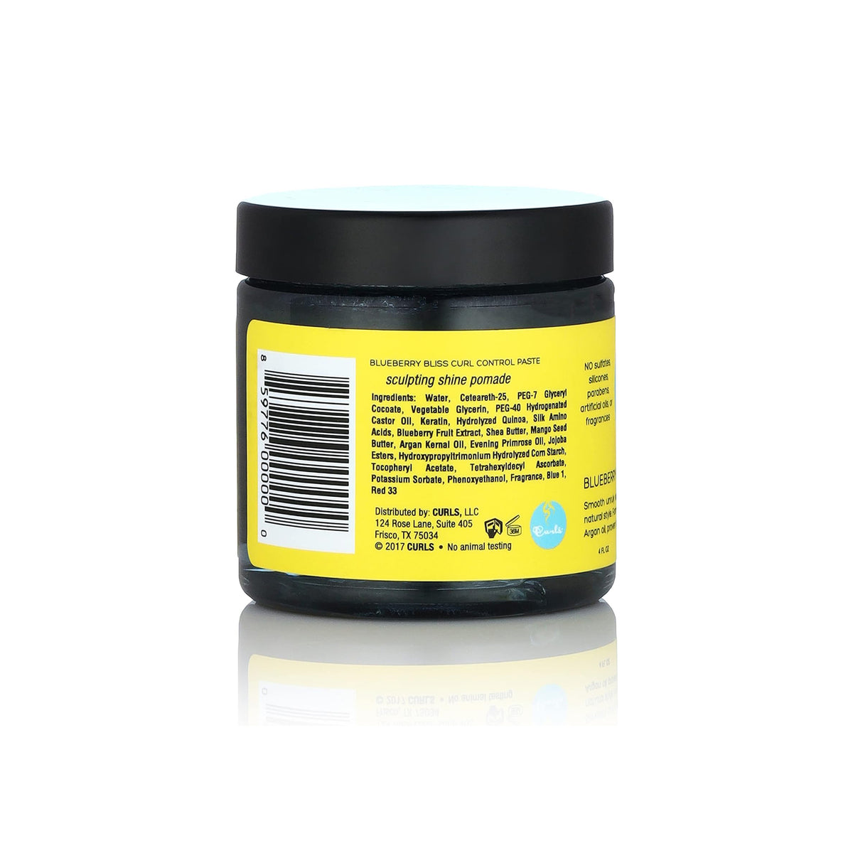 Nærbillede af bagsiden af Curls Blueberry Bliss Curl Control Paste, der viser ingredienser og produktinformation.
