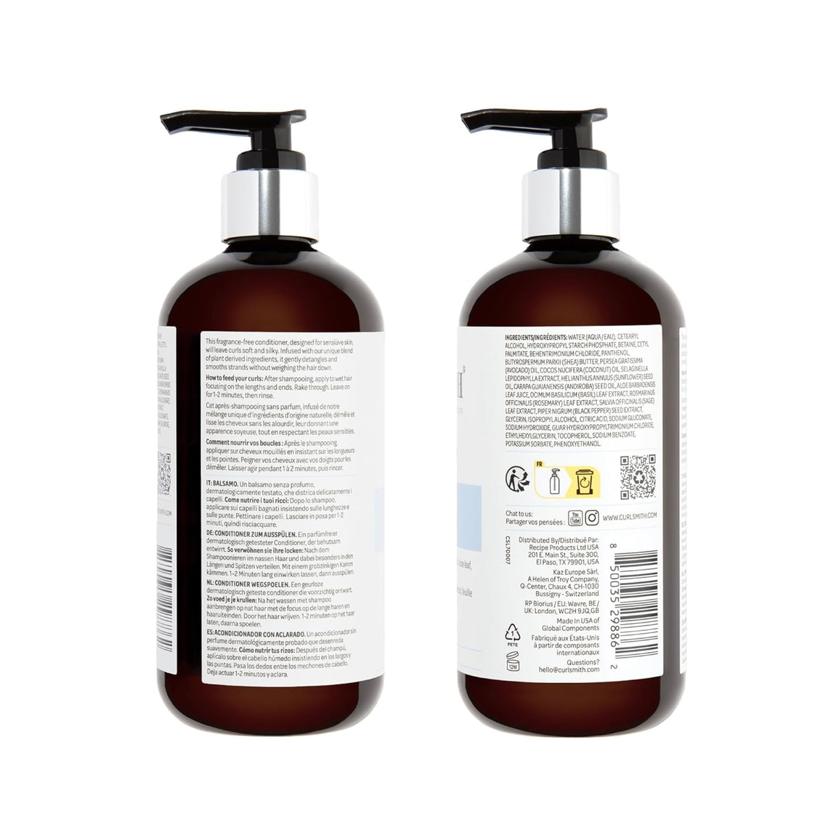 To brune Curlsmith balsam-flasker med sort pumpe, viser ingredienser og brugsanvisning på flersproget etiket.