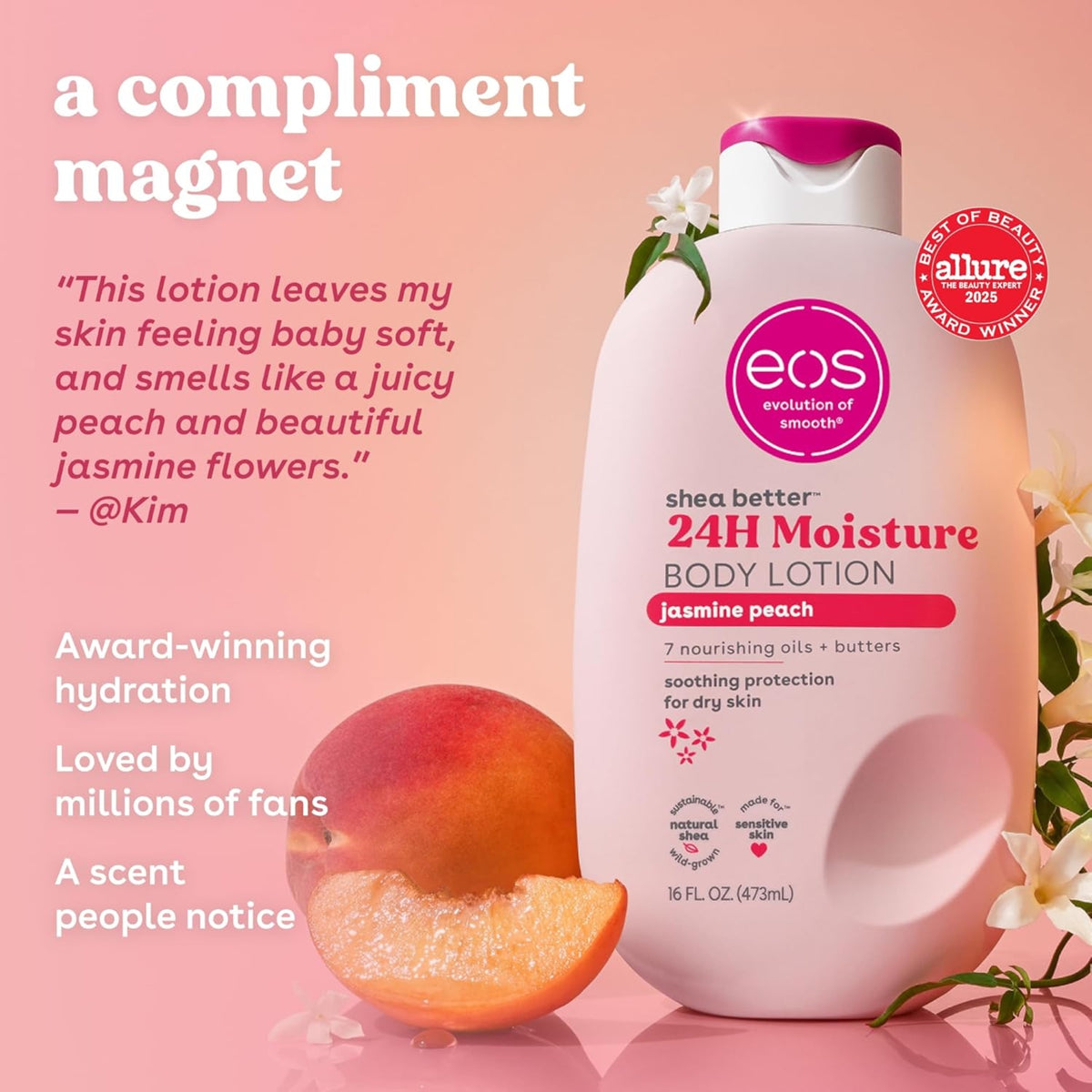eos Shea Better 24H Moisture Body Lotion jasmine peach ved siden af frisk fersken på lyserød baggrund, Allure-prisvinder 2025.