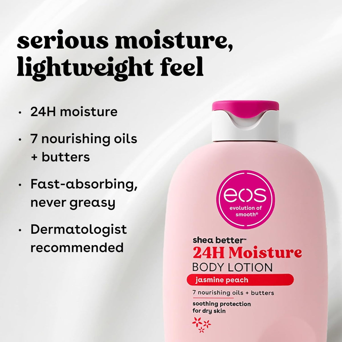 EOS Body Lotion Jasmine Peach 473ml – lyserød shea better 24H fugtgivende bodylotion med 7 nærende olier og smøre.