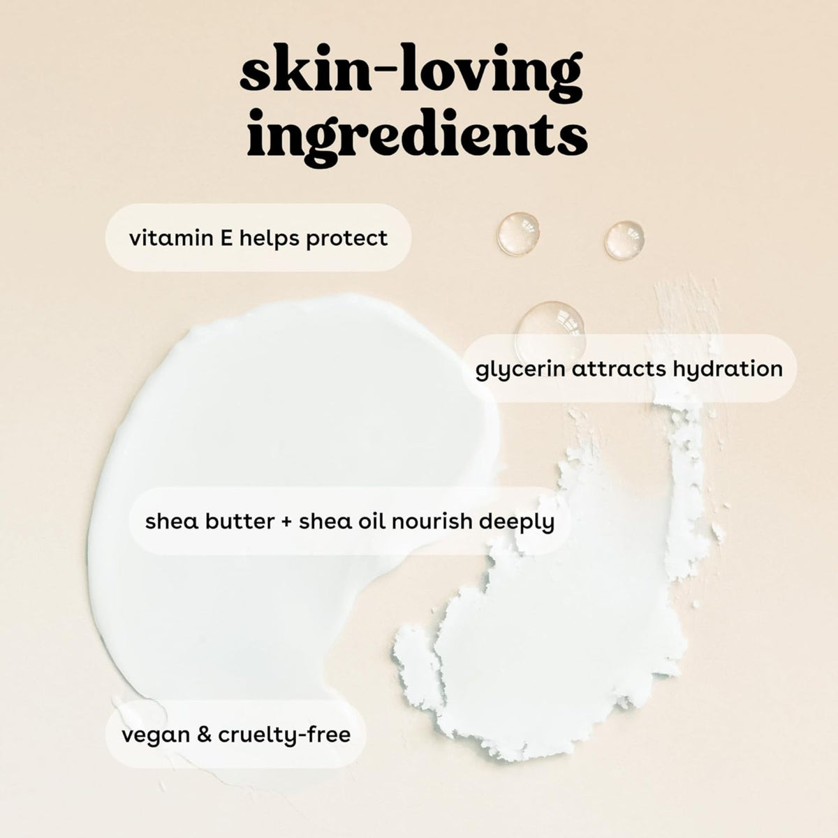 Cremet hudplejeprodukt med vitamin E, glycerin og sheasmør, vegansk og cruelty-free, på beige baggrund.