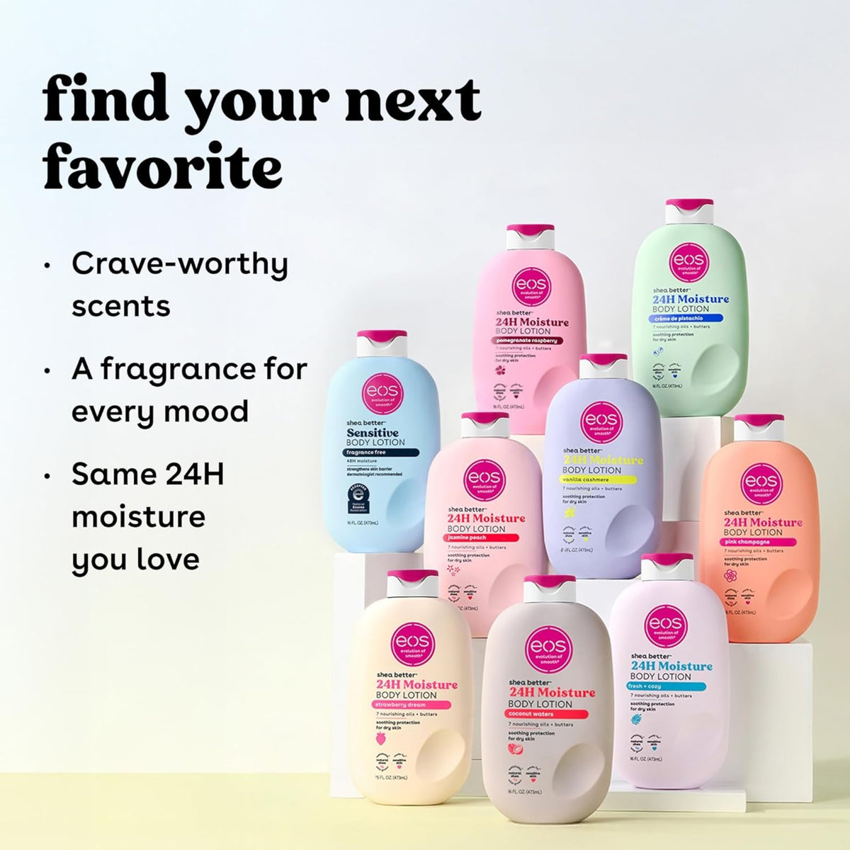 EOS Body Lotion Jasmine Peach 473ml – kollektion af eos Shea Better 24H Moisture bodylotions i pastelfarver med forskellige dufte.