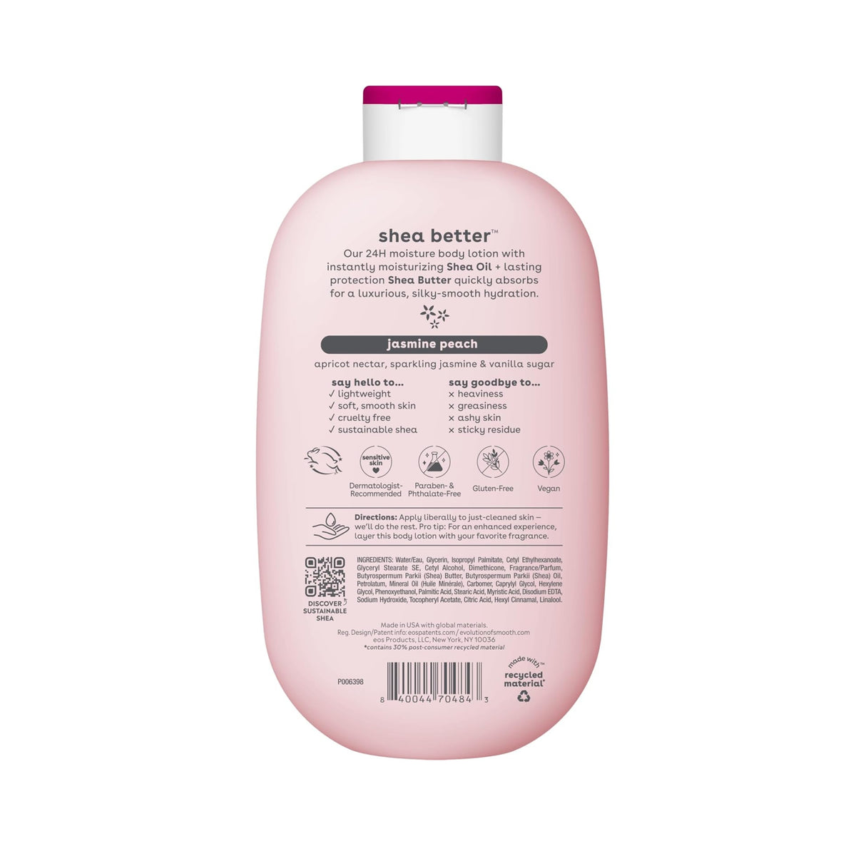 EOS Body Lotion Jasmine Peach 473ml bagside med ingrediensliste, direktioner og shea better 24H fugtgivende egenskaber.