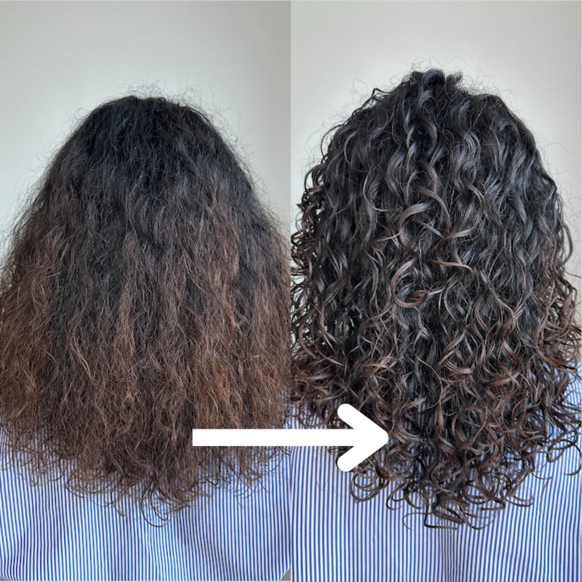Før og efter krøllet hår: fra tørt, frizzy krøllehår til definerede, fugtige krøller efter curly hair-behandling.