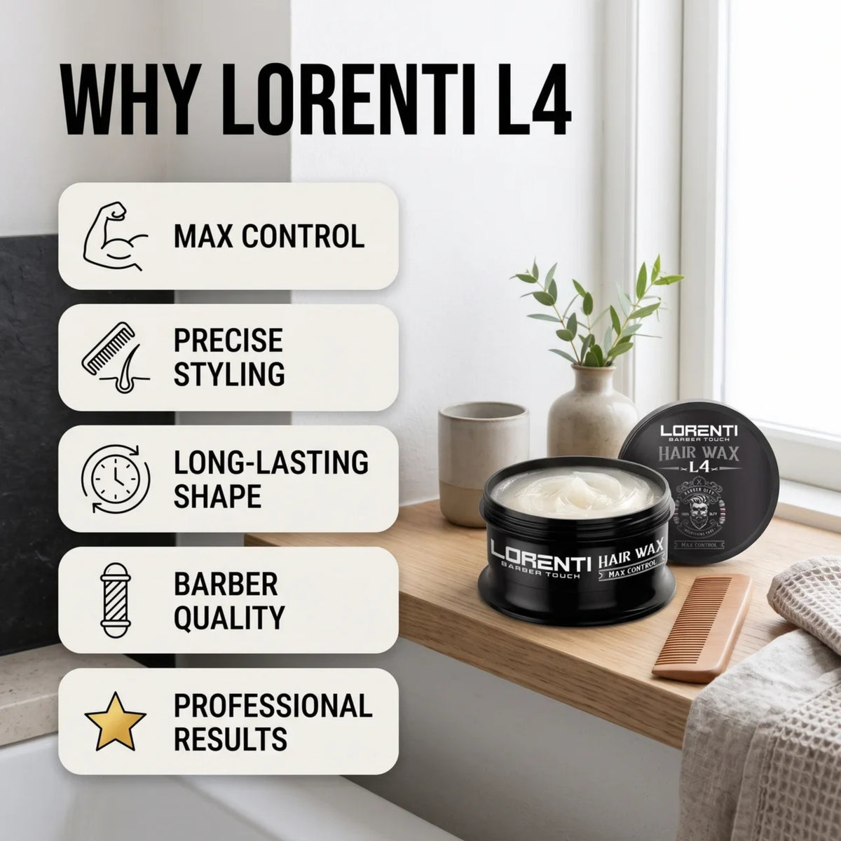 Lorenti L4 hair wax i sort krukke på træbord med fem fordele: max control, præcis styling og barberkvalitet.