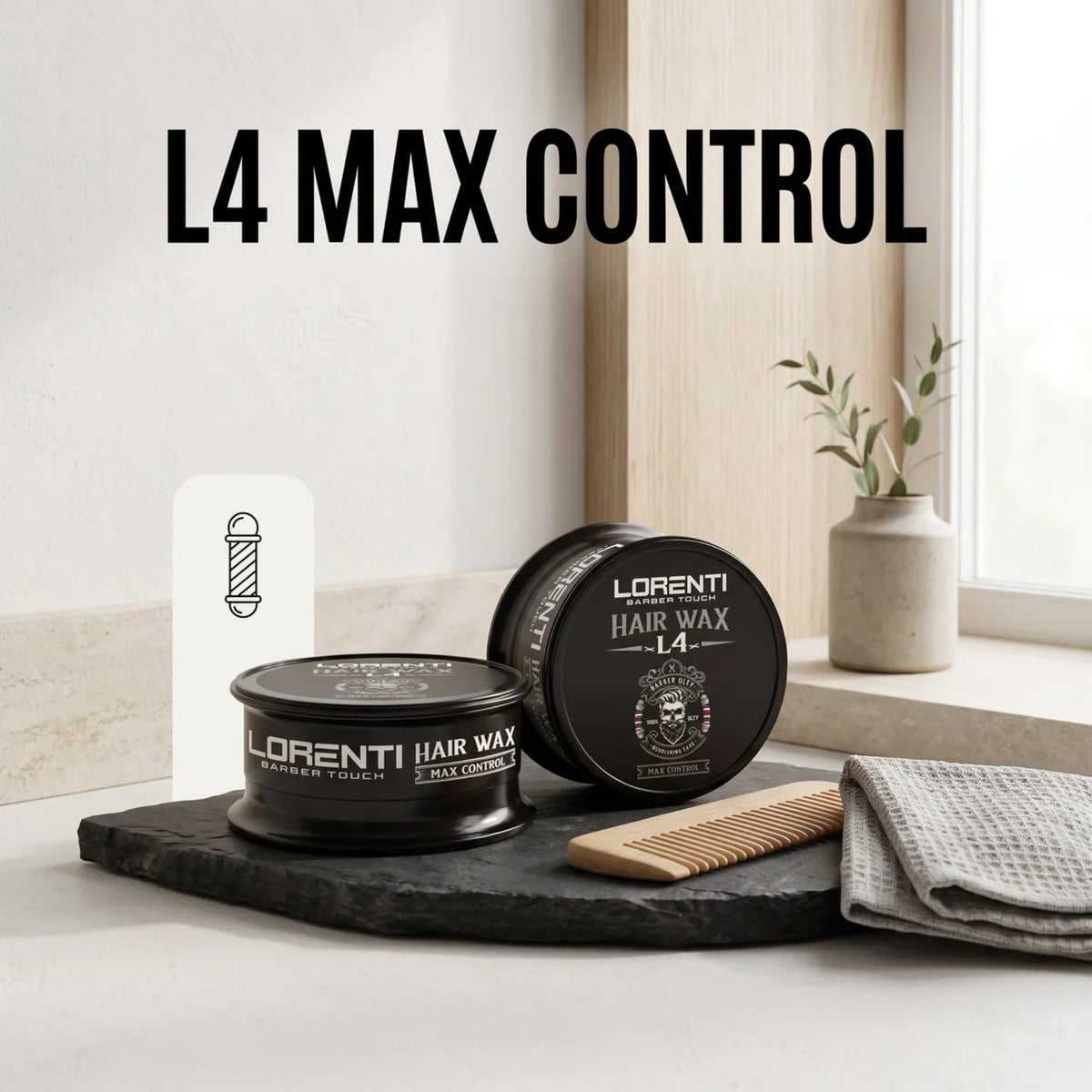 To sorte dåser Lorenti Hair Wax L4 Max Control på skiferbakke med trækam og håndklæde.