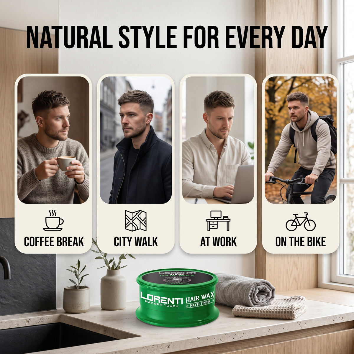 Lorenti Hair Wax Matte Finish i grøn dåse på køkkenbord med fire billeder af mand med naturlig frisure til hverdag.