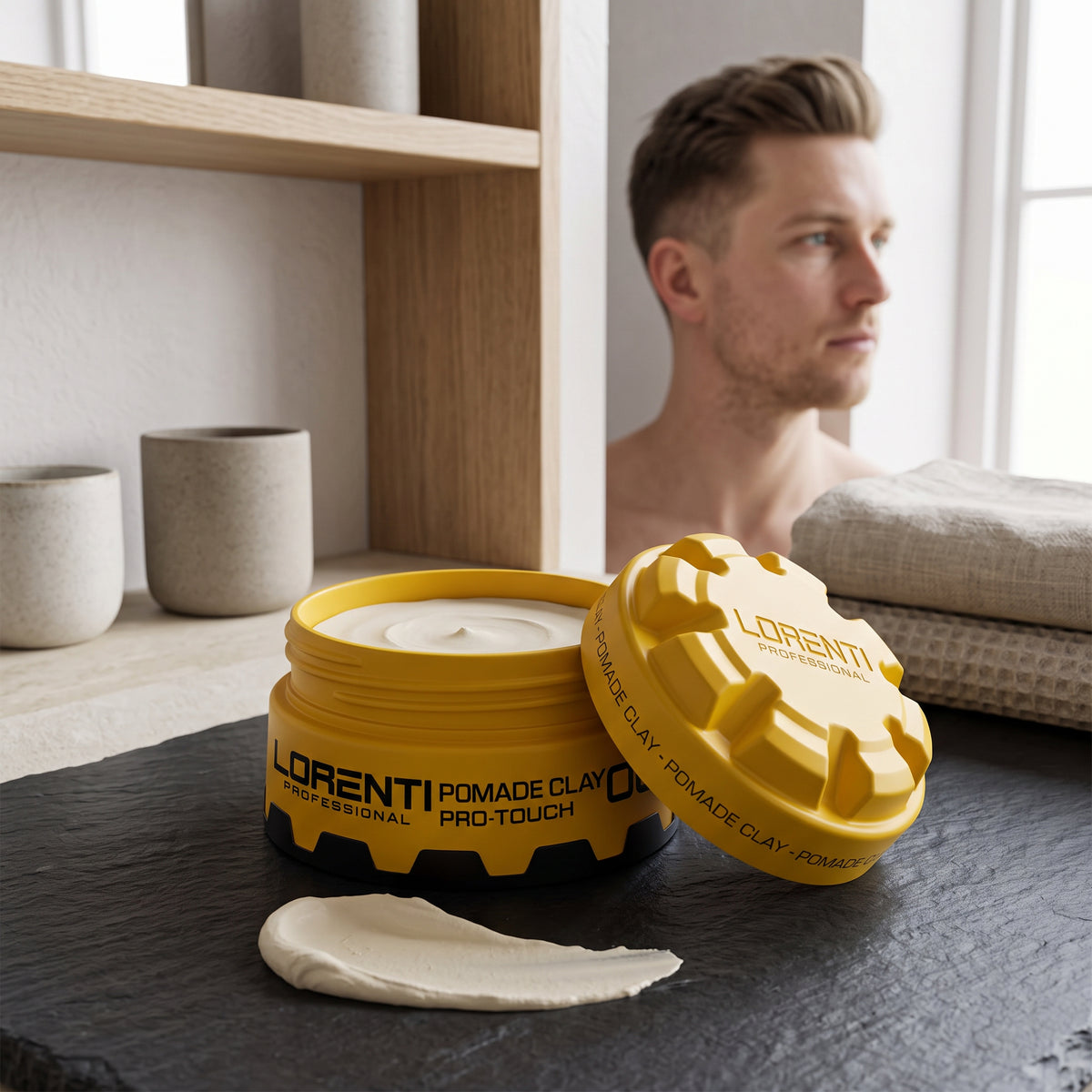 Lorenti Professional Pomade Clay Pro-Touch i åbnet gul dåse med cremet konsistens, mand i baggrunden.