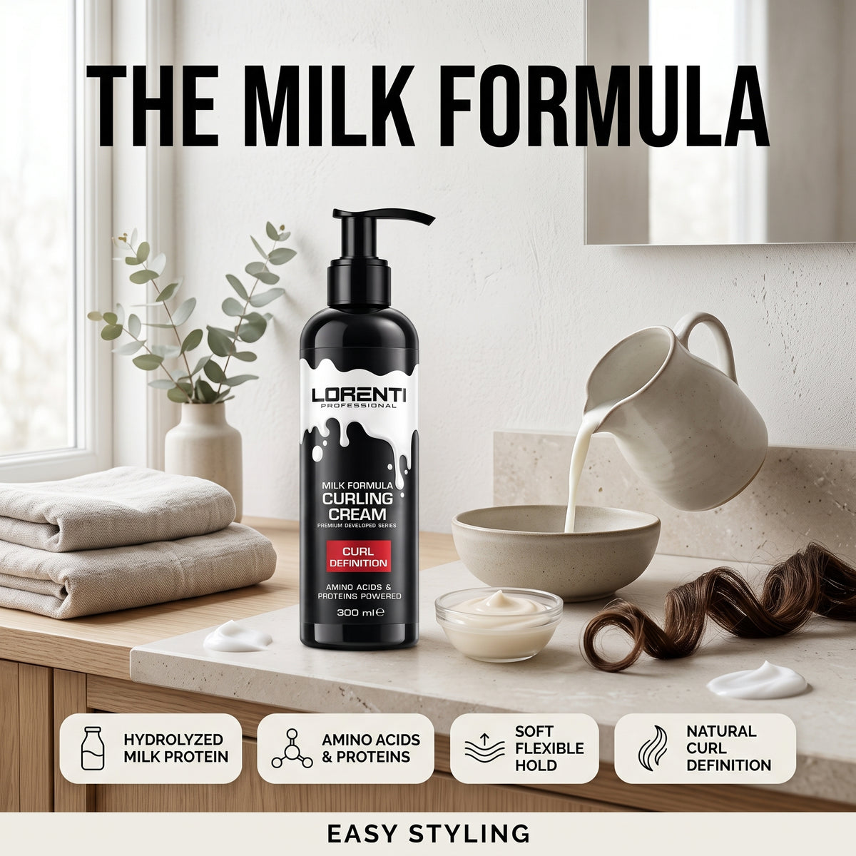 Lorenti Professional Milk Formula Curling Cream, sort pumpeflaske med mælk, krøllet hår og badeværelsesmiljø.