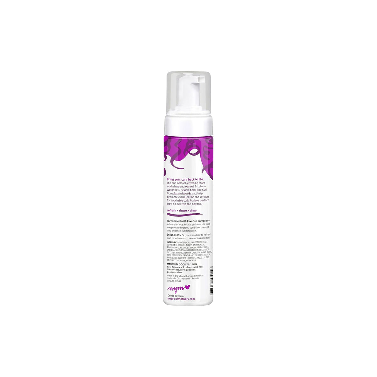 Not Your Mother's Curl Talk Refreshing Foam 236ml med lilla design og pumpe, set bagfra med ingrediensliste og produkttekst.
