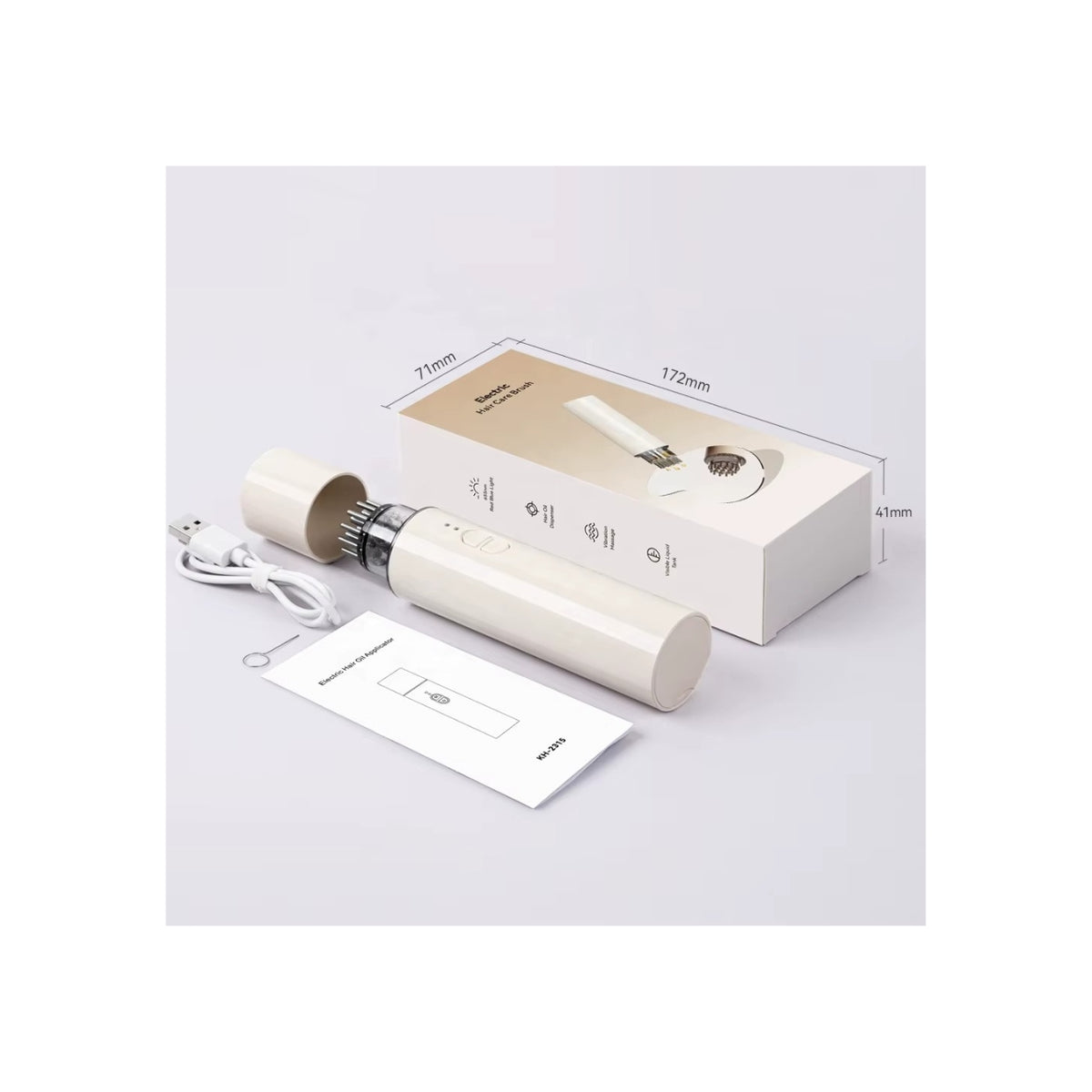 Olie- og serum-infusionspen vist sammen med tilbehør: USB-ladekabel, brugervejledning og original emballage med mål angivet.