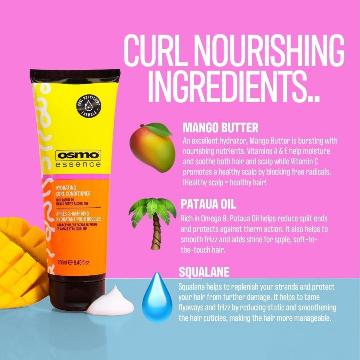 Osmo Essence Hydrating Curl Conditioner-tube med mango og info om mangosmør, pataua-olie og squalan.