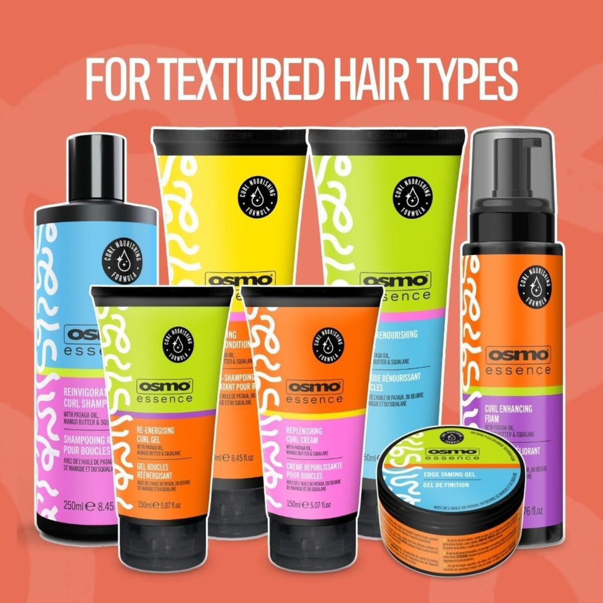 Osmo Essence produktserie til teksturerede hårtyper med shampoo, balsam, curl gel, creme, skum og edge taming gel.