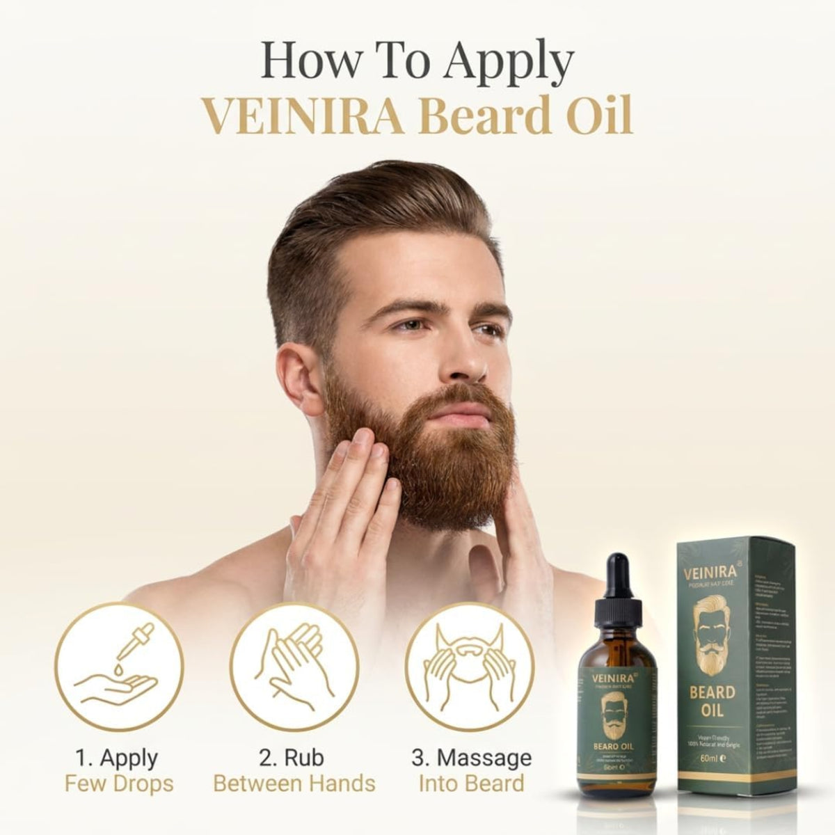 Mand med skæg påfører VEINIRA Beard Oil i tre trin: dryp, gnid mellem hænder, massér ind i skægget.
